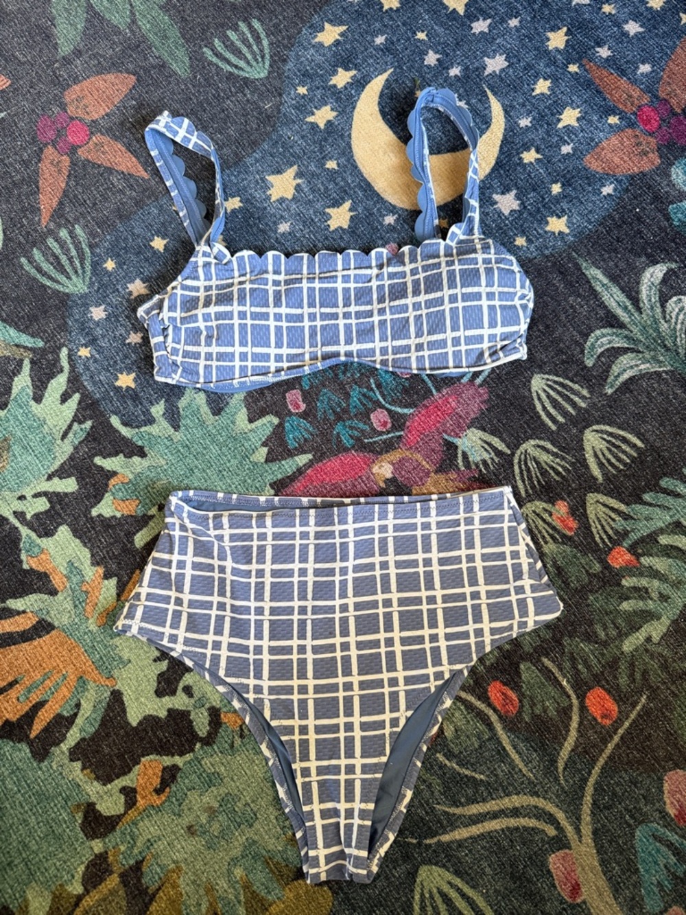Aerie Checkered Blue Two-Piece Swim Suit High Rise Set Womens Size M